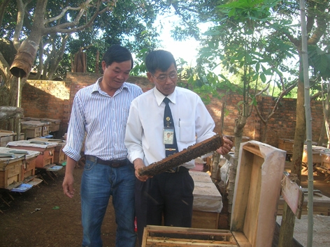       Ông  Tô Văn Thúy  và ông  Trần Thọ Thành  trao đổi  kinh nghiệm nuôi ong. 