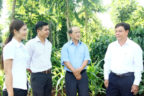 Đại diện lãnh đạo Ban Tổ chức Huyện ủy Cư M’gar trao đổi công việc với đảng viên chi bộ thôn 4 (thị trấn Ea Pốk).