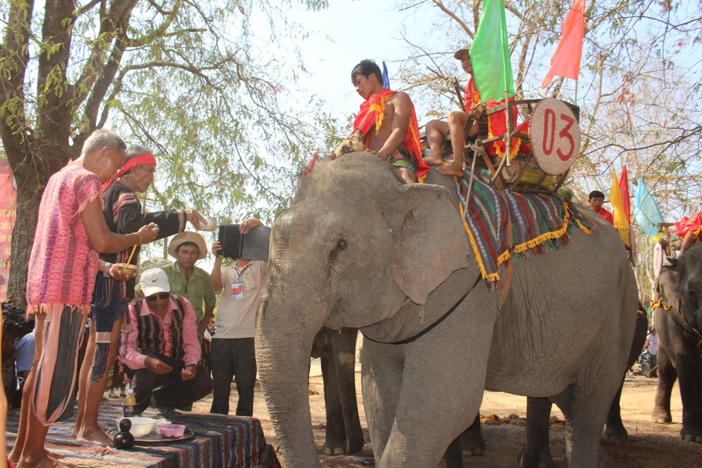 Già Ay Bê (thứ hai bên trái) làm lễ cúng sức khỏe cho voi.