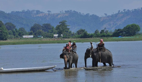 Du khách cưỡi voi tham quan Hồ Lắk.