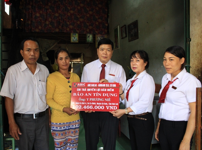 Đại diện ABIC và Agribank chi nhánh huyện Cư Kuin chi trả quyền lợi bảo hiểm cho gia đình ông Y Phương Niê. 