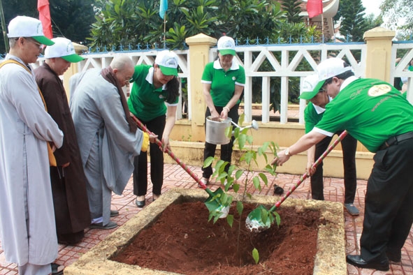 Phụ nữ tôn giáo các tỉnh Tây Nguyên trồng cây xanh tại khuôn viên Đài tưởng niệm liệt sỹ thôn Kiên Cường, xã Hòa Thuận, TP. Buôn Ma Thuột.  