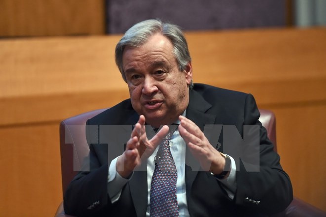 Tổng thư ký LHQ Antonio Guterres phát biểu trong cuộc họp báo tại trụ sở LHQ ở New York, Mỹ, ngày 16-8. (Ảnh: THX/TTXVN)