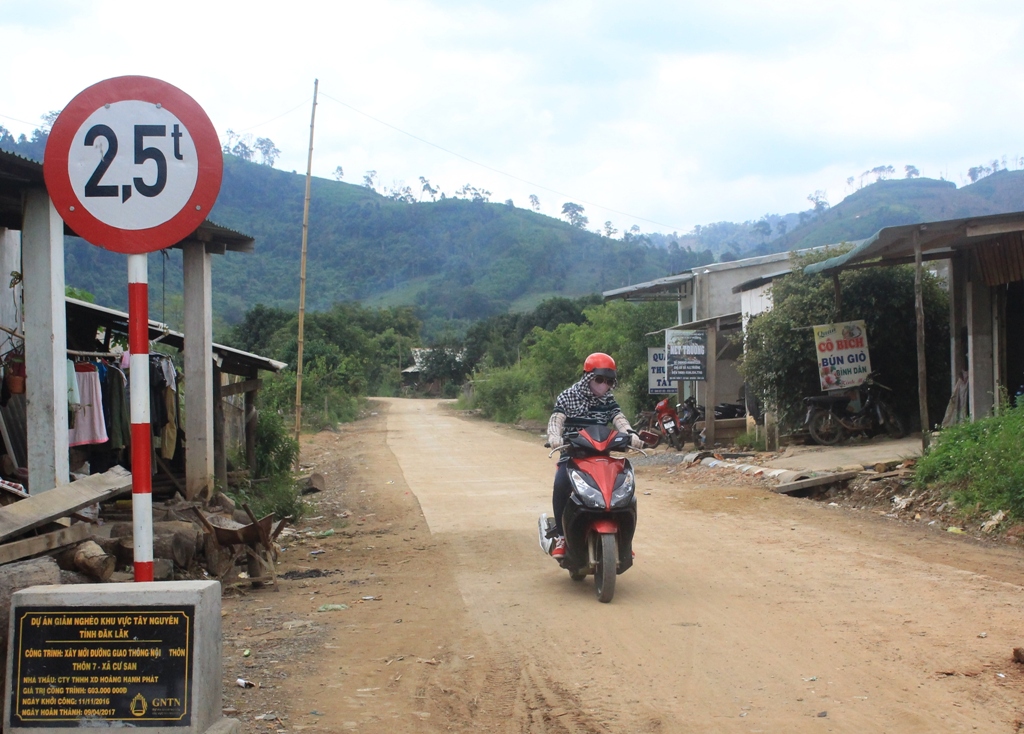 Đường giao thông thôn 7, xã Cư San được đầu tư từ Dự án giảm nghèo khu vực Tây Nguyên.
