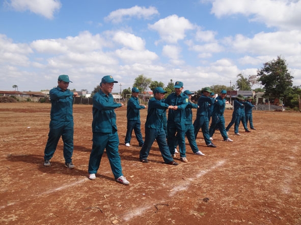 Lực lượng DQTV huyện Cư M’gar trên thao trường huấn luyện.   