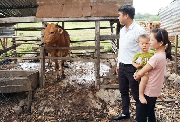 Cán bộ giảm nghèo xã Ea Wer giám sát việc phát huy hiệu quả nguồn vốn vay giảm nghèo của gia đình chị Lương Thị Thêu ở thôn Hà Bắc. 
