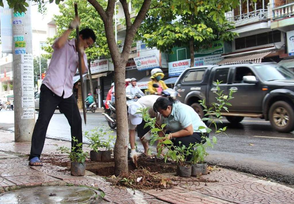 Cán bộ phường Thống Nhất trồng hoa trong các bồn cây trên tuyến đường  Phan Bội Châu. 