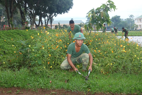 Bộ đội Tiểu đoàn 303 chăm sóc vườn hoa, cây cảnh trước ngày ra quân huấn luyện. 