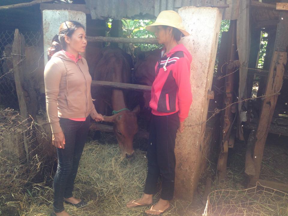 Chị Nam (trái) đến thăm mô hình chăn nuôi của gia đình chị Lương Thị Mến. 