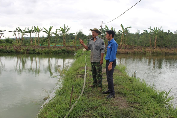Anh Nguyễn Văn Thủy (bìa trái) đang giới thiệu mô hình nuôi cá cho cán bộ Đoàn xã.