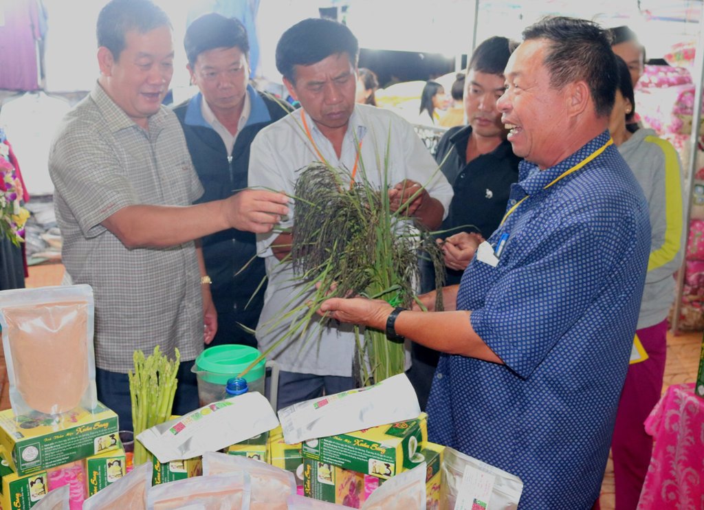 Người tiêu dùng tìm hiểu về sản phẩm của Trà thảo dược Xuân Sang (huyện Ea Kar) ở phiên chợ hàng Việt  tại huyện Ea H’leo năm 2018.