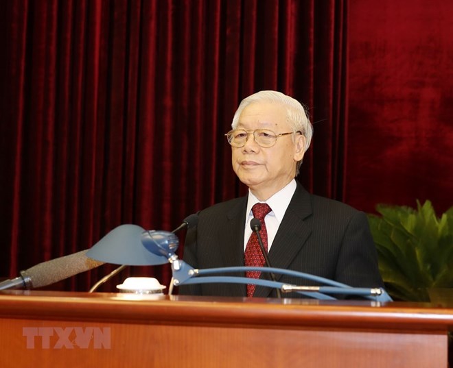 Tổng Bí thư Nguyễn Phú Trọng phát biểu bế mạc Hội nghị. (Ảnh: TTXVN)