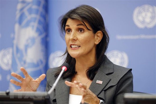 Đại sứ Mỹ  tại Liên  hiệp quốc  Nikki Haley trong cuộc  họp báo tại New York, Mỹ ngày 4-9.  Ảnh: THX/TTXVN