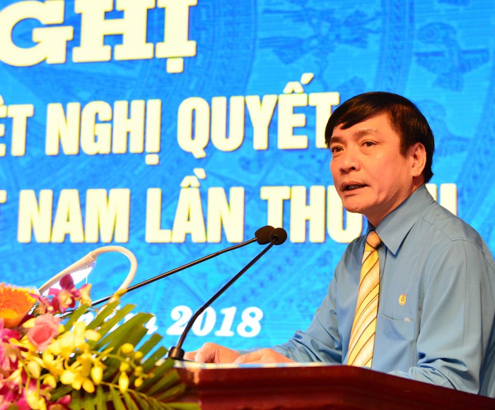 Ủy viên Trung ương Đảng, Chủ tịch Tổng LĐLĐ Việt Nam Bùi Văn Cường phát biểu tại hội nghị.