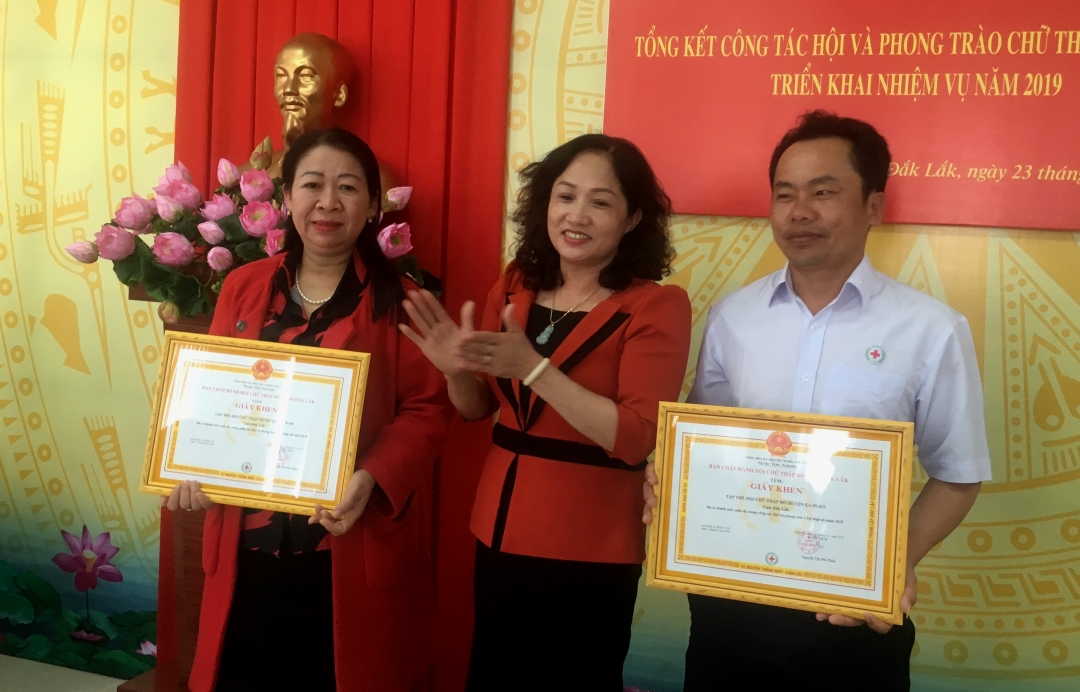 Chủ tịch Hội Chữ thập đỏ tỉnh Nguyễn Thị Phi Thảo tặng giấy khen cho các tập thể