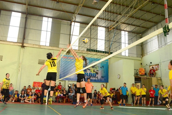Các cầu thủ thi đấu tại Giải bóng chuyền nữ phong trào năm 2019 do Công ty TNHH MTV Tôn Liêm Lan tài trợ.   