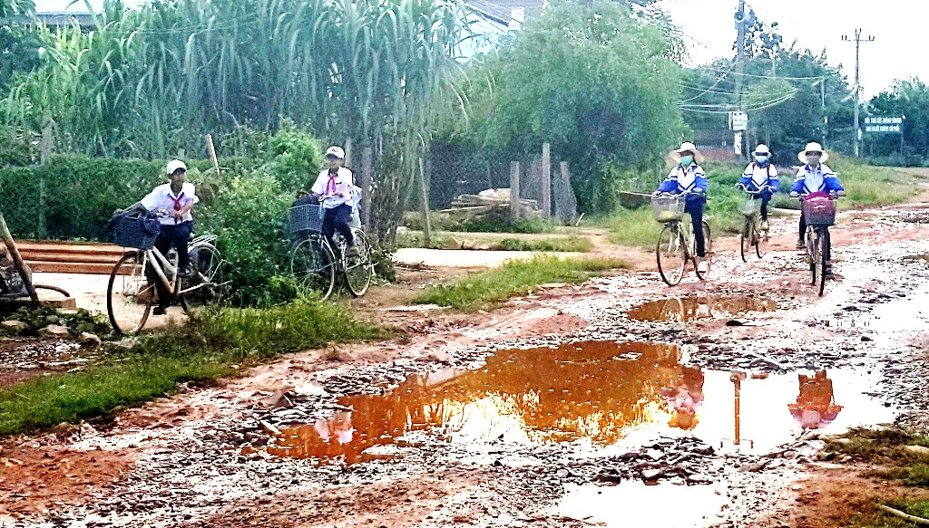 Học sinh ở xã Cư Đrăm đến trường trên con đường lầy lội.    Ảnh: Tùng Lâm