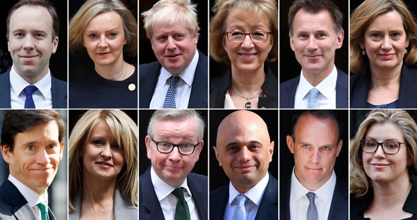 Cựu Ngoại trưởng Anh Boris Johnson (thứ ba từ trái sang, hàng trên) và các ứng cử viên có thể thay thế  Thủ tướng Anh Theresa May. (Ảnh: AFP/TTXVN)