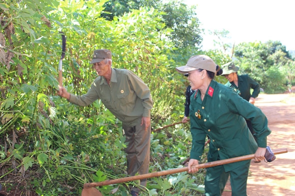 Cựu chiến binh thôn Kim Phú (xã Cư Kbô) tham gia phát quang bụi rậm. 