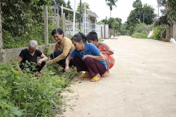 Chị Bùi Thị Tường, Chi hội trưởng Chi hội Phụ nữ thôn 10, xã Ea Ktur (thứ 2 từ trái sang) cùng hội viên dọn cỏ để trồng hoa ven đường.