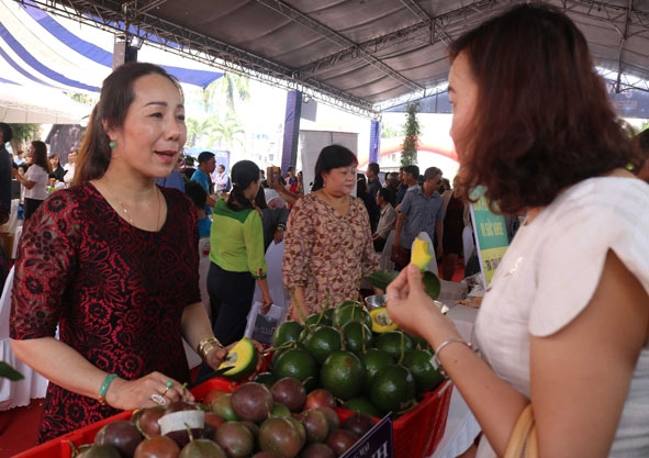 Chị Nguyễn Thị Nhỏ giới thiệu sản phẩm cho khách hàng tại “Ngày hội khởi nghiệp tỉnh Đắk Lắk lần thứ I năm 2019”.
