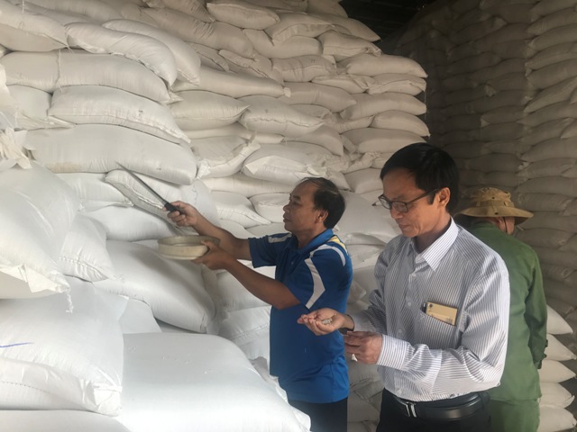 Kiểm tra chất lượng gạo trước khi xuất cấp về cho các địa phương. 