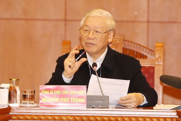 Tổng Bí thư, Chủ tịch nước Nguyễn Phú Trọng, Trưởng Tiểu ban Văn kiện Đại hội XIII của Đảng phát biểu tại cuộc họp. Ảnh: TTXVN