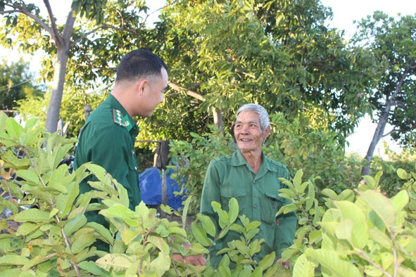  Trung úy  Phùng Văn Hai thăm vườn  cây trái của  gia đình  ông Ngô Văn Hoành. 