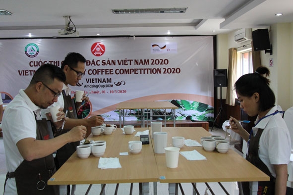 Chuyên gia quốc tế thử nếm cà phê đặc sản tại Cuộc thi Cà phê đặc sản Việt Nam 2020.