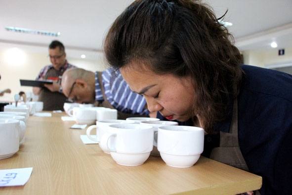 Chuyên gia quốc tế thử nếm cà phê Robusta tại Vòng chung kết Cuộc thi Cà phê đặc sản Việt Nam 2020. 