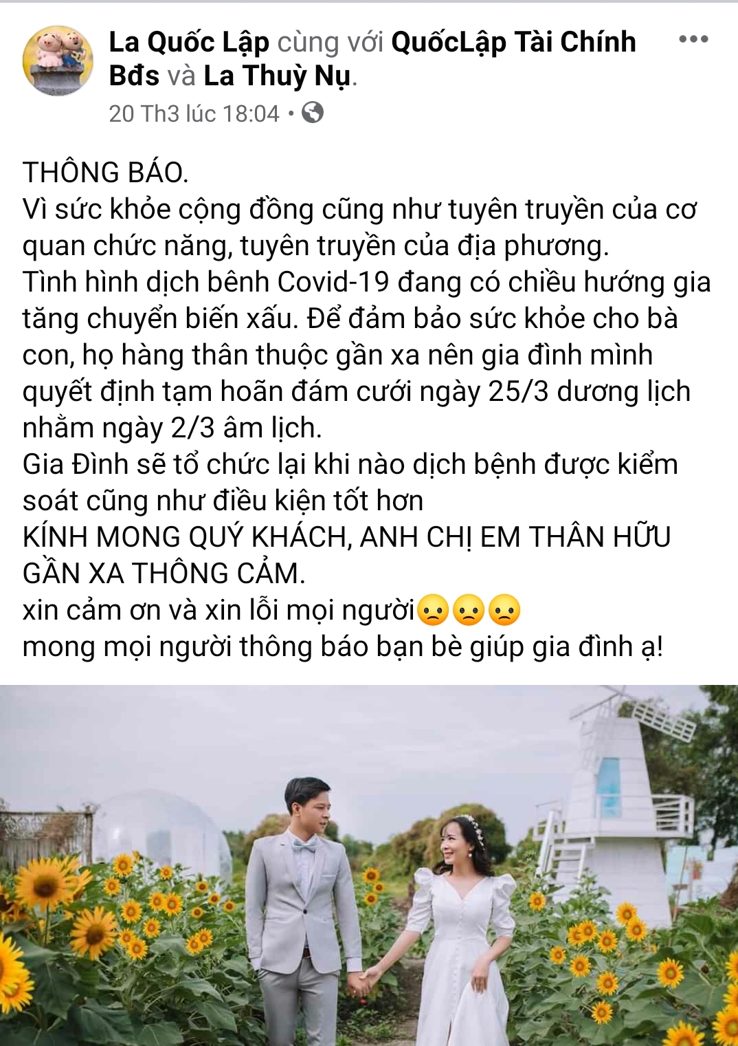 Thông báo hoãn cưới của cặp đôi Quốc Lập - Thu Trinh trên trang Facebook cá nhân được nhiều người đồng tình, ủng hộ. (Ảnh chụp qua màn hình điện thoại) 