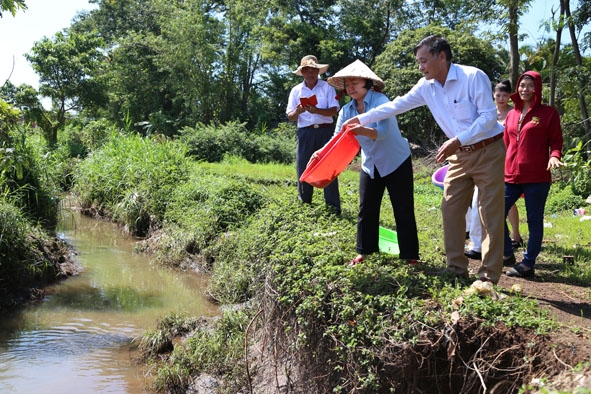 Thả cá trê giống tại suối Ea Nhol (phường Thành Nhất, TP. Buôn Ma Thuột) hưởng ứng Ngày môi trường thế giới năm 2020. 