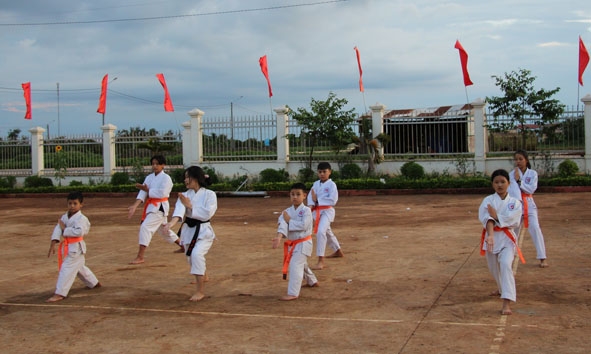 Thanh  thiếu nhi tập luyện  võ thuật  tại sân  Nhà văn hóa xã Ea Knuếc.    