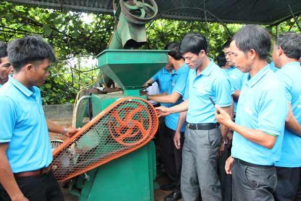 Nông dân tìm hiểu quy trình sản xuất, sơ chế, bảo quản cà phê chất lượng cao của Công ty Simexco Đắk Lắk liên kết với nông dân xã Ea Tân, huyện Krông Năng.    