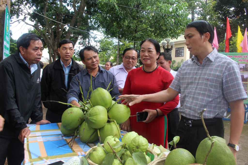 Đồng chí Nguyễn  Đình Viên,  Bí thư  Huyện ủy  Cư M'gar  (bìa phải) tham quan gian  trưng bày  sản phẩm nông nghiệp chất lượng cao của  địa phương.   Ảnh: Lan Anh