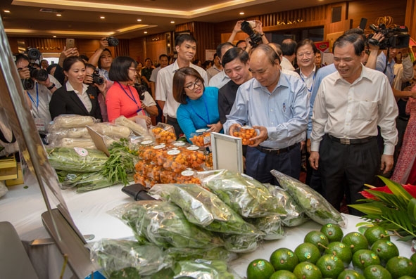 Thủ tướng Chính phủ Nguyễn Xuân Phúc thăm gian hàng trưng bày các sản phẩm nông nghiệp  của Đắk Lắk.  Ảnh: Hoàng Gia