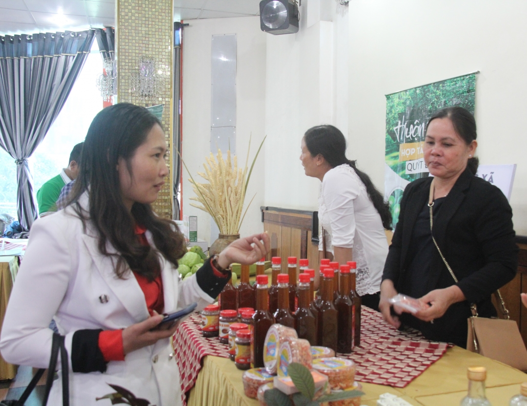 Các sản phẩm đặc sản của HTX tỉnh Trà Vinh được giới thiệu, quảng bá tại thị trường Đắk Lắk.  Ảnh: Minh Thông