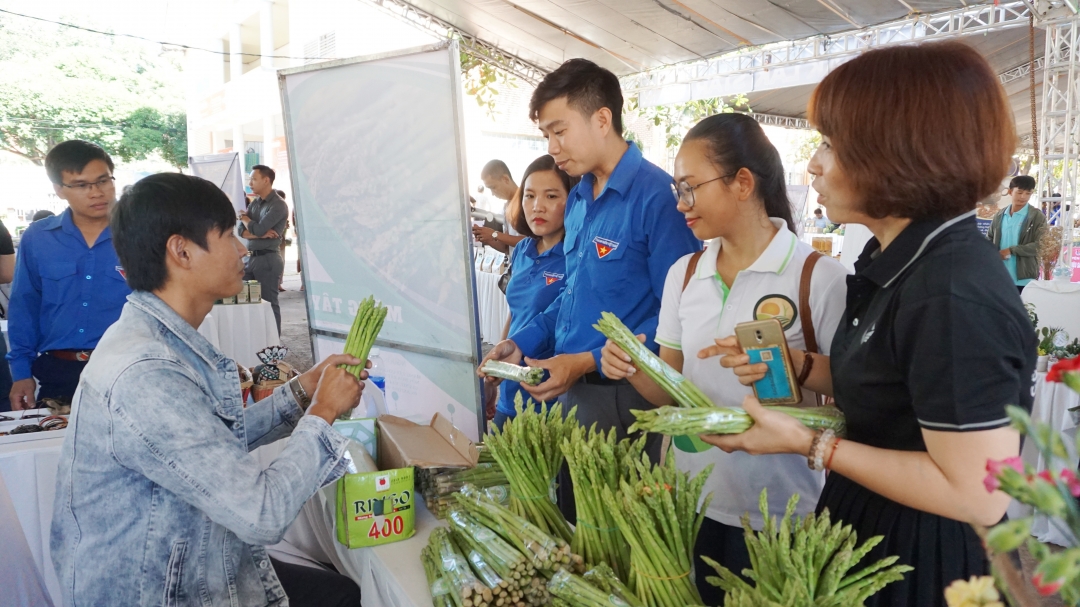 Anh Hồ Thế Mỹ, Giám đốc Công ty Cổ phần Việt Nguyên (huyện Buôn Đôn) giới thiệu sản phẩm măng tây tại Ngày hội Khởi nghiệp đổi mới sáng tạo tỉnh Đắk Lắk năm 2020.