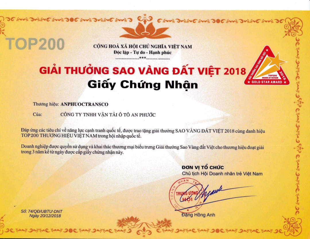 Năm 2018, An Phước là một trong hai doanh nghiệp trên địa bàn tỉnh nhận được Giải thưởng Sao Vàng Đất Việt.