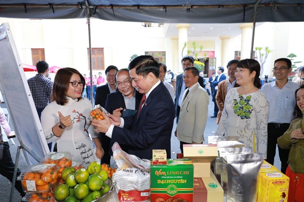 Bí thư Tỉnh ủy Bùi Văn Cường nghe giới thiệu sản phẩm cà chua trái cây ứng dụng nông nghiệp thông minh.