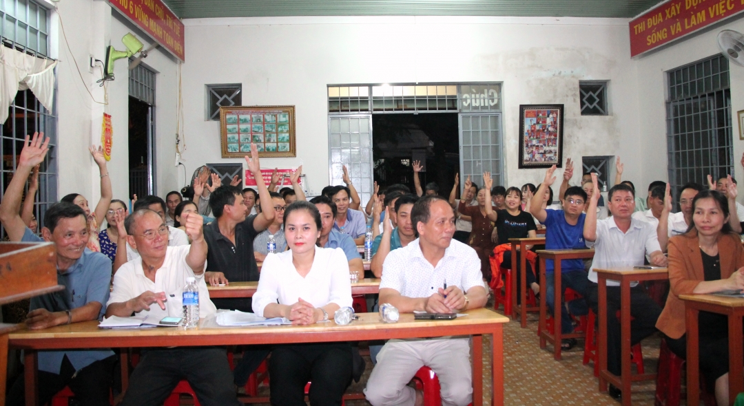 Cử tri tổ dân phố 6 (phường Tân Lợi) biểu quyết thống nhất giới thiệu các ứng cử viên đại biểu HĐND các cấp tại Hội nghị lấy ý kiến và tín nhiệm của cư tri nơi cư trú. 