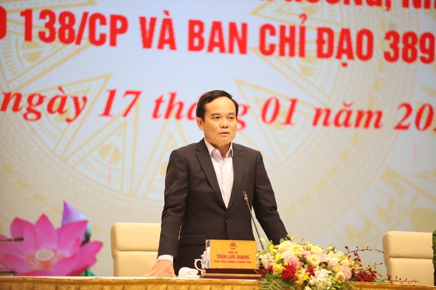 Đồng chí Trần Lưu Quang, Phó Thủ tướng Chính phủ, Trưởng Ban Chỉ đạo 138/CP, Trưởng Ban Chỉ đạo 389 Quốc gia phát biểu tại hội nghị.