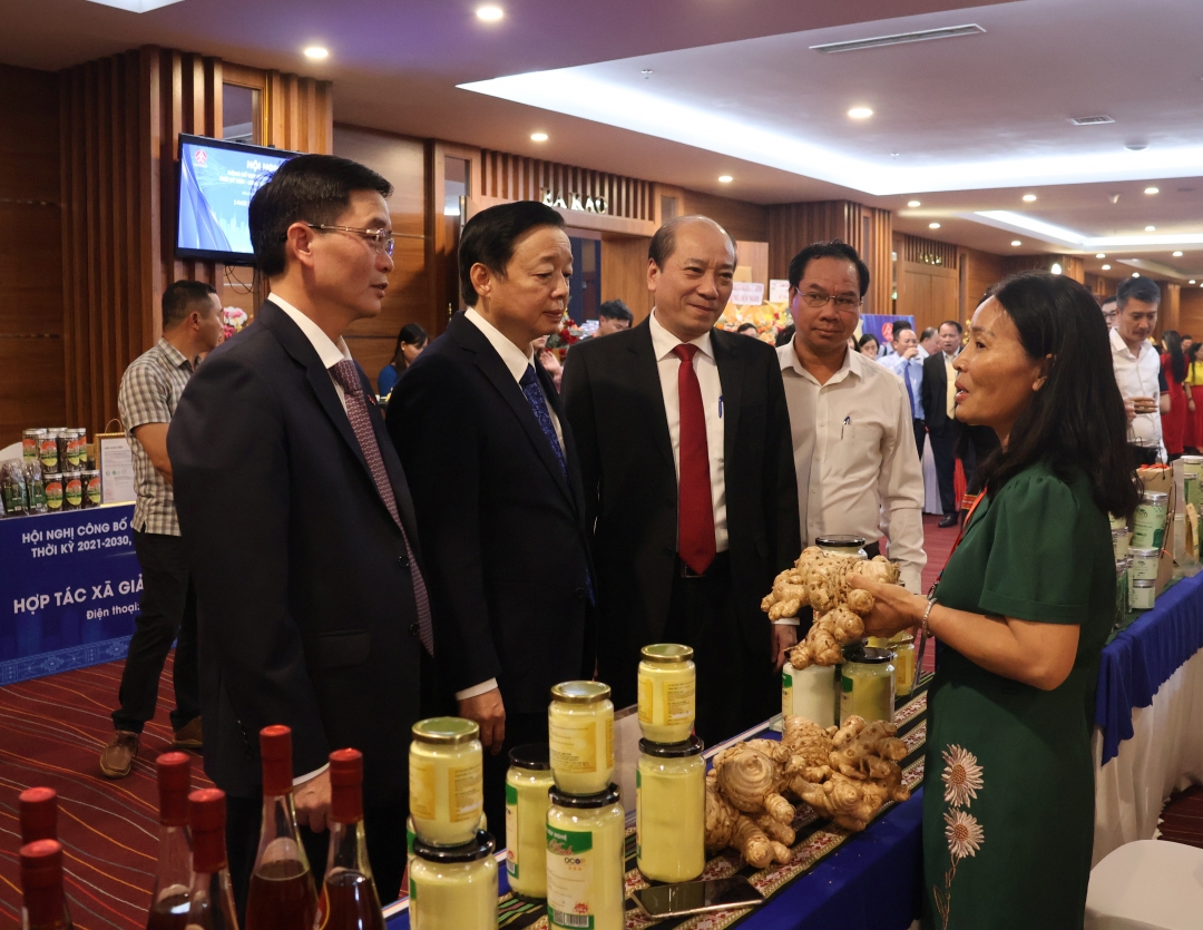 Phó Thủ tướng Chính phủ Trần Hồng Hà và các đồng chí lãnh đạo tỉnh Đắk Lắk tham quan một gian hàng đặc sản địa phương trưng bày tại hội nghị