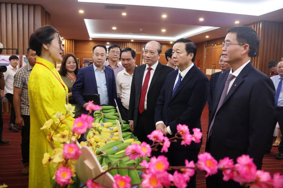 Phó Thủ tướng Chính phủ Trần Hồng Hà cùng lãnh đạo tỉnh tham quan gian hàng trưng bày sản phẩm OCOP tại hội nghị.