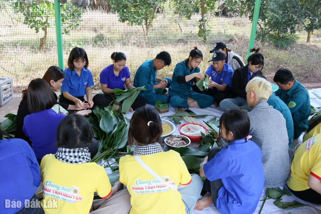 Đoàn viên thanh niên tham gia gói bánh chưng