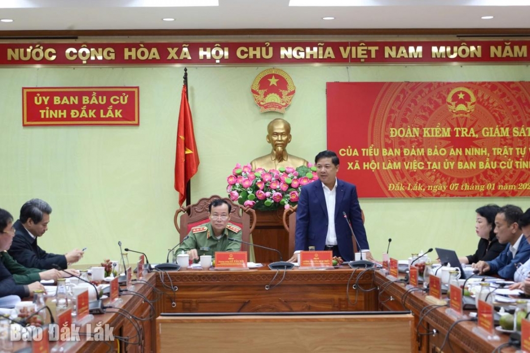 Đồng chí Lương Nguyễn Minh Triết, Ủy viên dự khuyết Trung ương Đảng, Bí thư Tỉnh ủy, Trưởng Ban Chỉ đạo công tác bầu cử tỉnh phát biểu tại buổi làm việc.