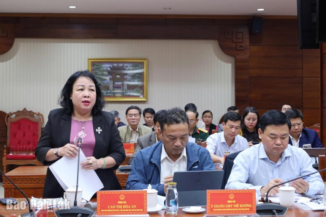 Đồng chí Cao Thị Hòa An, Phó Bí thư Thường trực Tỉnh ủy, Chủ tịch HĐND tỉnh, Chủ tịch UBBC tỉnh tiếp thu các ý kiến của đoàn công tác.