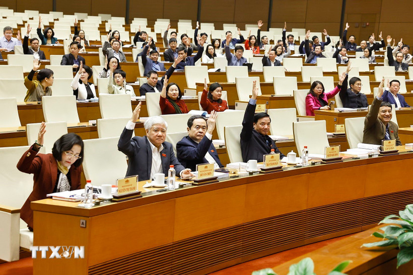 Chủ tịch Quốc hội Trần Thanh Mẫn và đại biểu biểu quyết. Ảnh: TTXVN