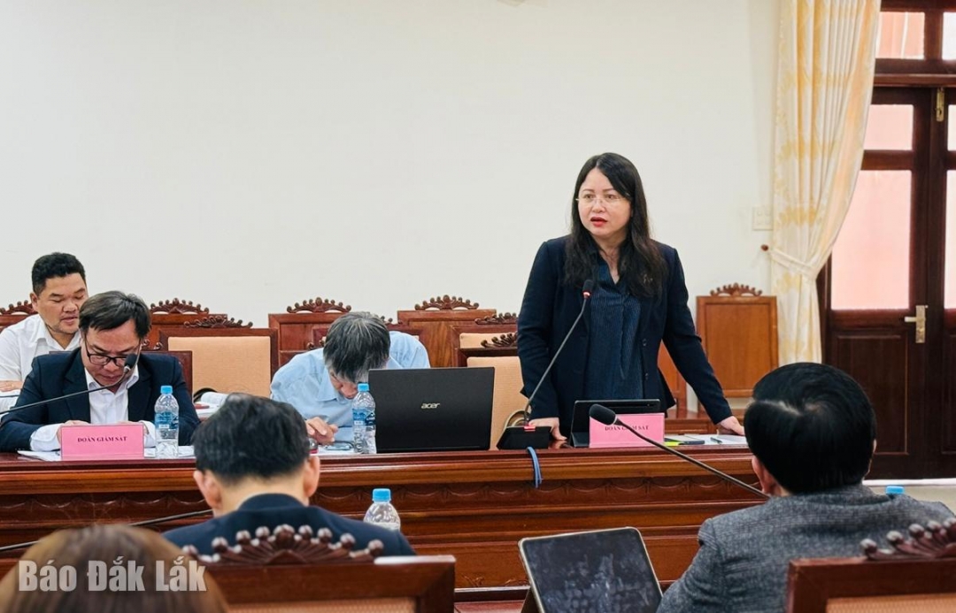 Đồng chí Đào Phạm Hoàng Quyên, Tỉnh ủy viên, Giám đốc Báo và Phát thanh, Truyền hình Đắk Lawsk phát biểu tại buổi giám sát.