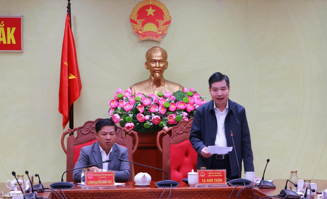 Phó Bí thư Tỉnh ủy, Chủ tịch UBND tỉnh Tạ Anh Tuấn báo cáo với Thủ tướng Chính phủ về tiến độ triển khai Chiến dịch Quang Trung tại buổi làm việc. 